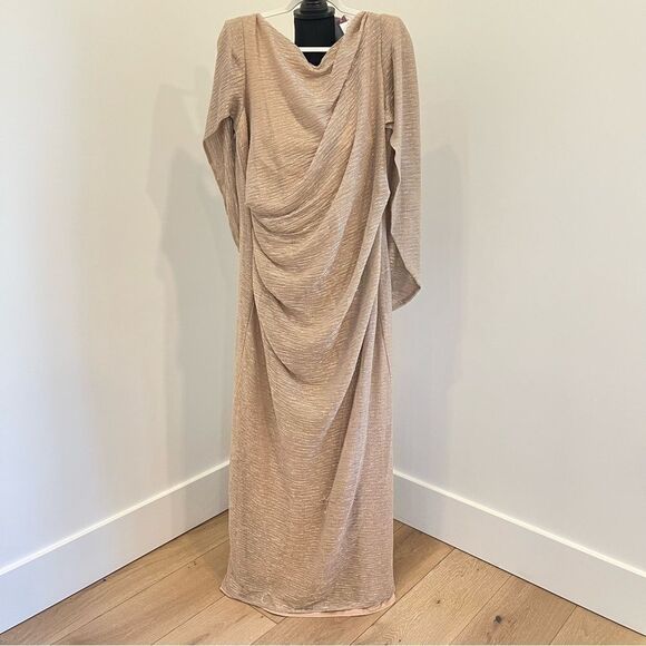 Betsy & Adam
Drape Back Boat Neck Galaxy Glitter 3/4 Sleeve Sheath Gown - Picture 5 of 9